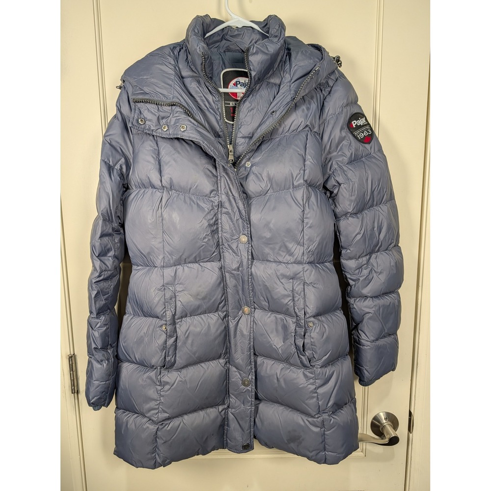 Pajar Canada Power Heat Down Puffer Coat Blue Gray Hooded Parka Jacket Womens M